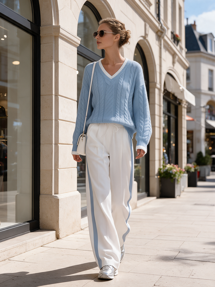 Pink V‑Neck Cable Knit Sweater & Side Stripe Wide‑Leg Pants Set