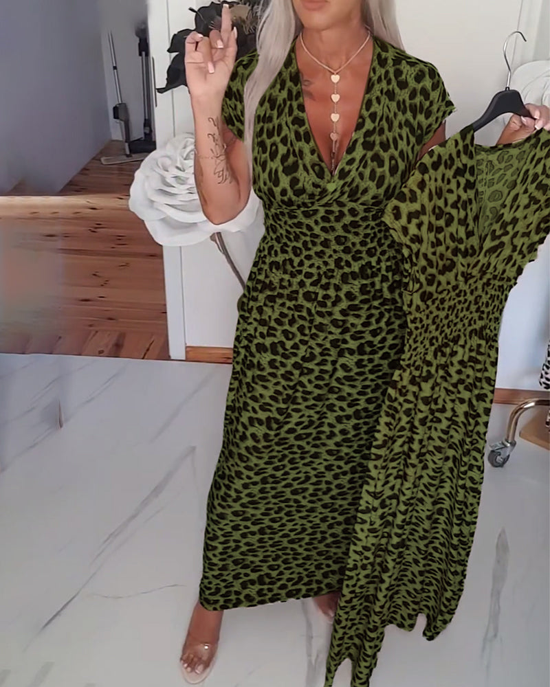 Elegant Leopard Print Dress with V-Neck
