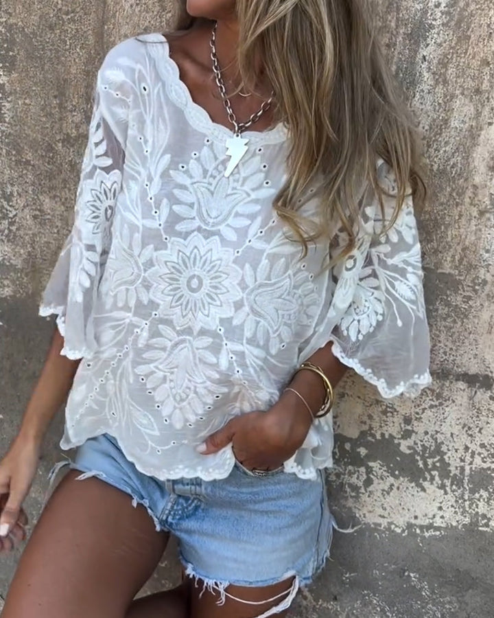 Butterfly Sleeve Blouse with Round Embroidered Neckline