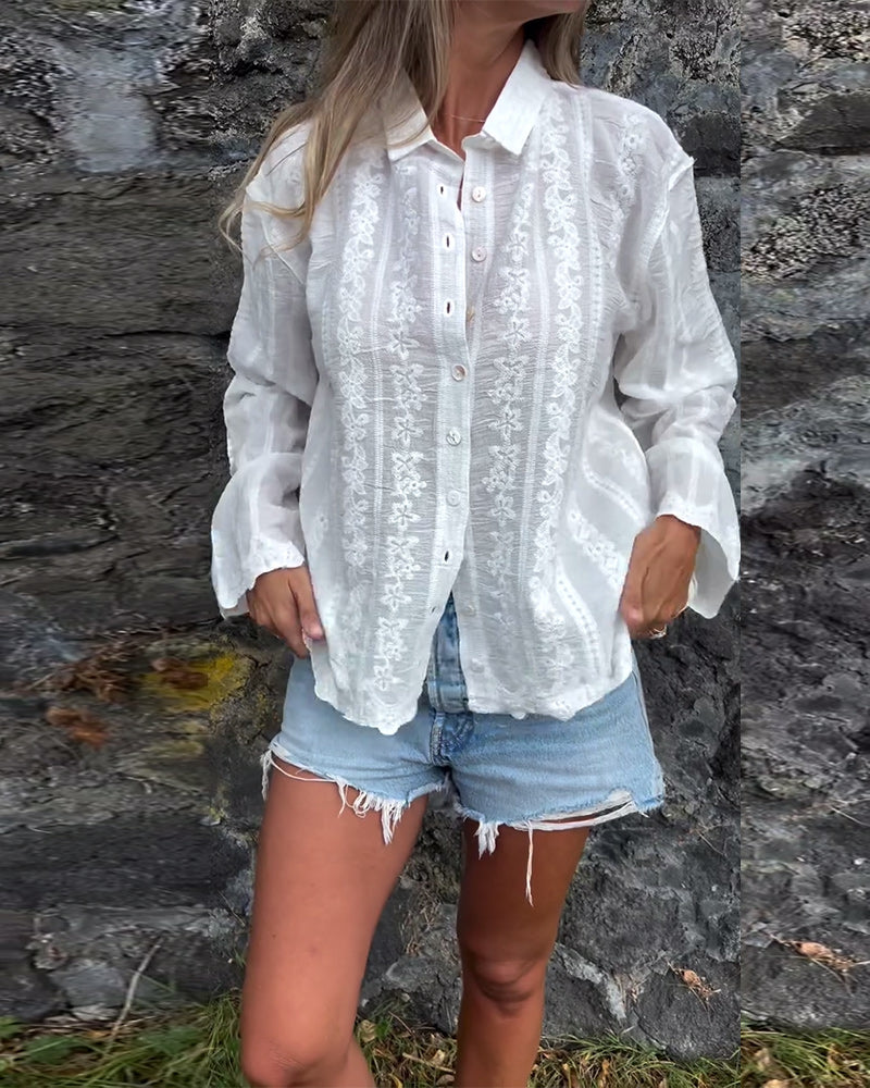 Embroidered Hollow Polo Collar Casual Shirt