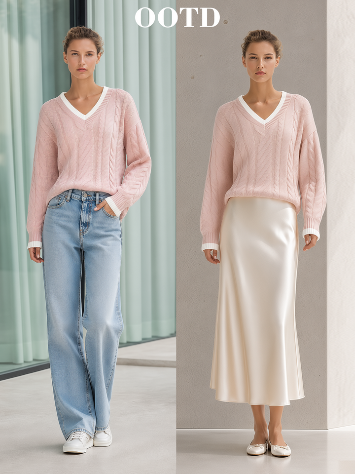 Pink V‑Neck Cable Knit Sweater & Side Stripe Wide‑Leg Pants Set