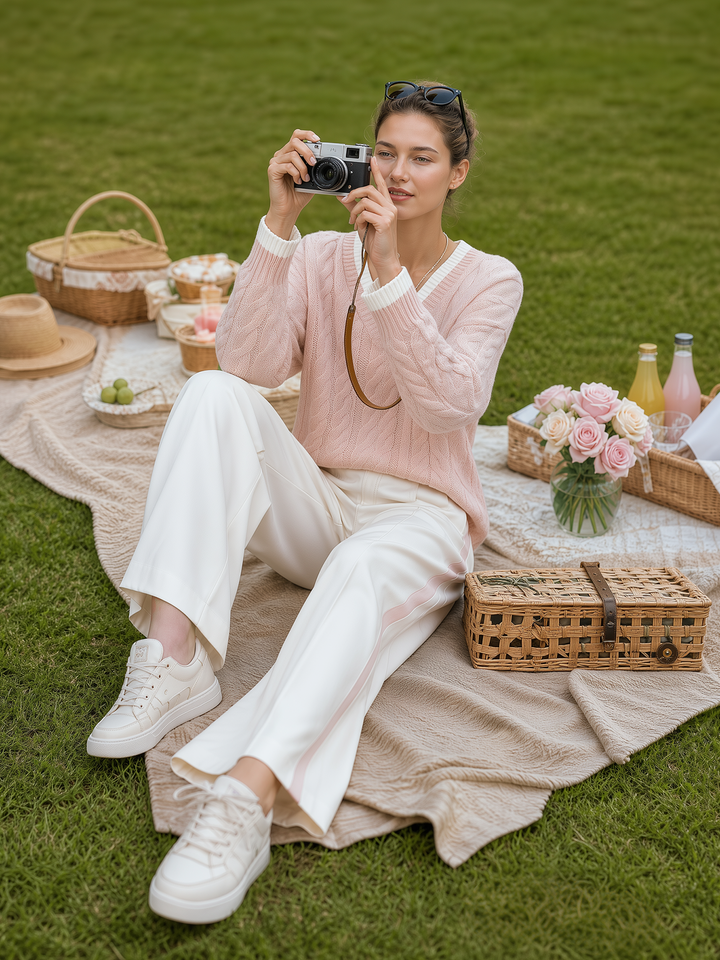 Pink V‑Neck Cable Knit Sweater & Side Stripe Wide‑Leg Pants Set