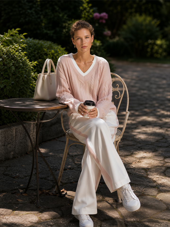 Pink V‑Neck Cable Knit Sweater & Side Stripe Wide‑Leg Pants Set