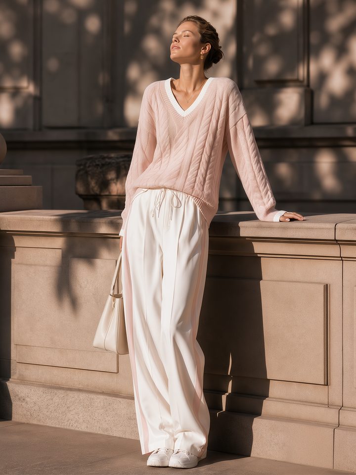 Pink V‑Neck Cable Knit Sweater & Side Stripe Wide‑Leg Pants Set