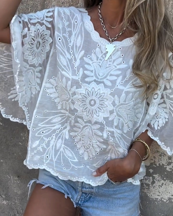 Butterfly Sleeve Blouse with Round Embroidered Neckline