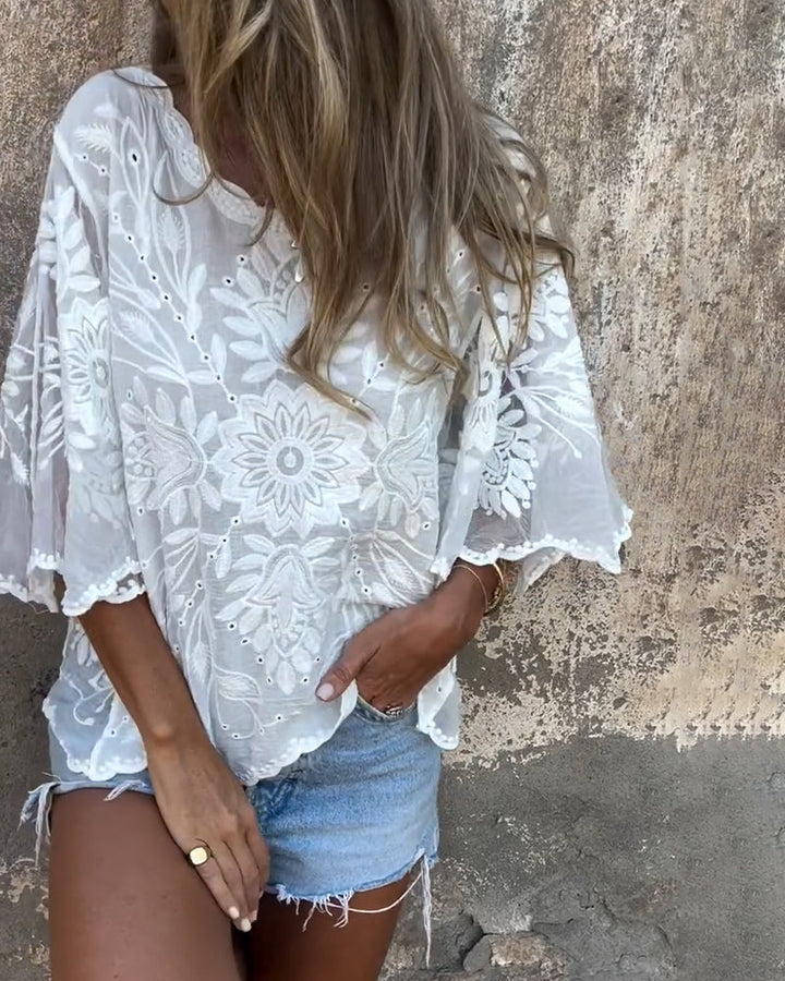Butterfly Sleeve Blouse with Round Embroidered Neckline