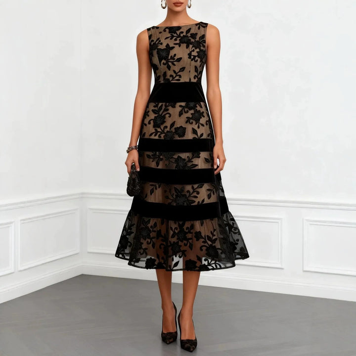 Bella - Elegant Black Lace Midi A-Line Dress