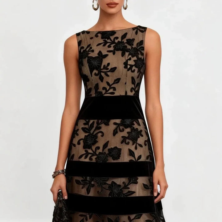 Bella - Elegant Black Lace Midi A-Line Dress
