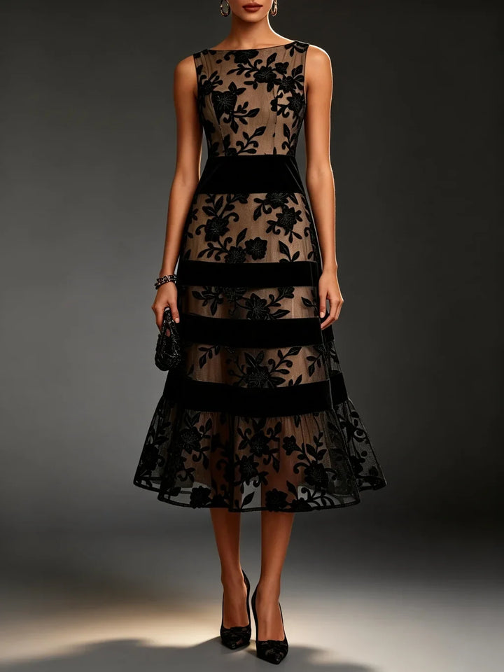Bella - Elegant Black Lace Midi A-Line Dress