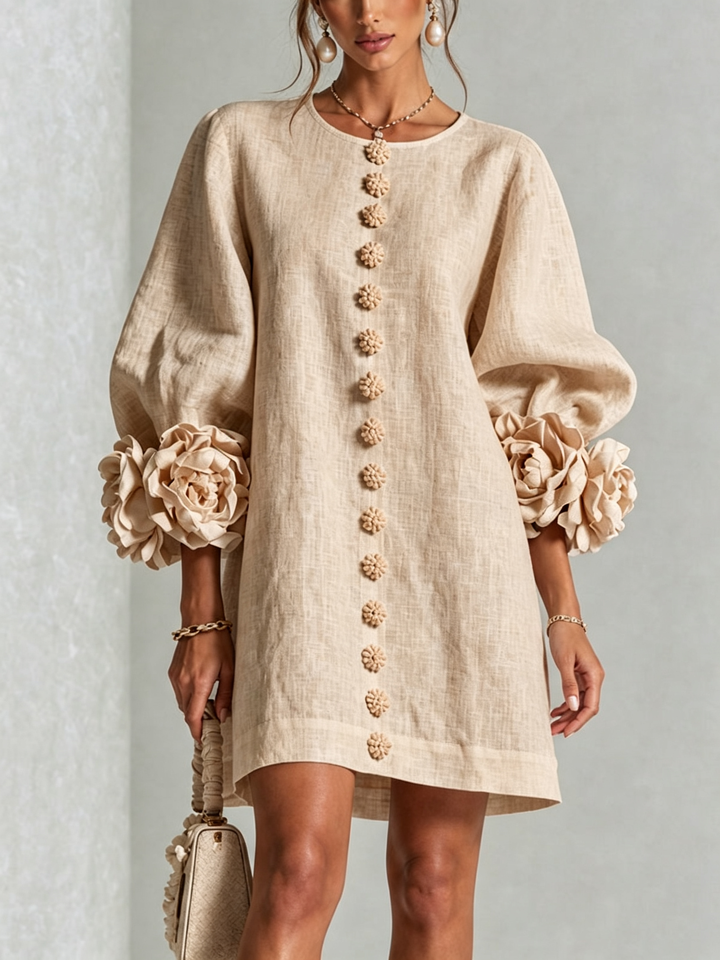 The-Chicca| White Floral Button-down Mini Dress With Striking Floral Cuffs