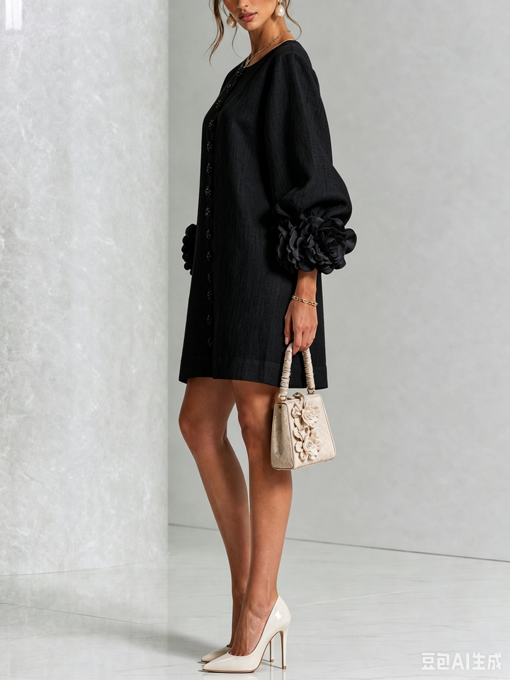 The-Chicca| White Floral Button-down Mini Dress With Striking Floral Cuffs