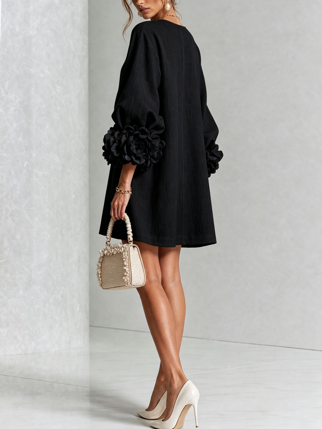 The-Chicca| White Floral Button-down Mini Dress With Striking Floral Cuffs