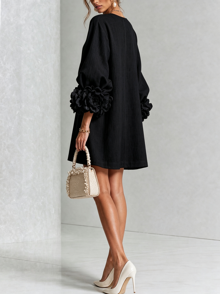 The-Chicca| White Floral Button-down Mini Dress With Striking Floral Cuffs