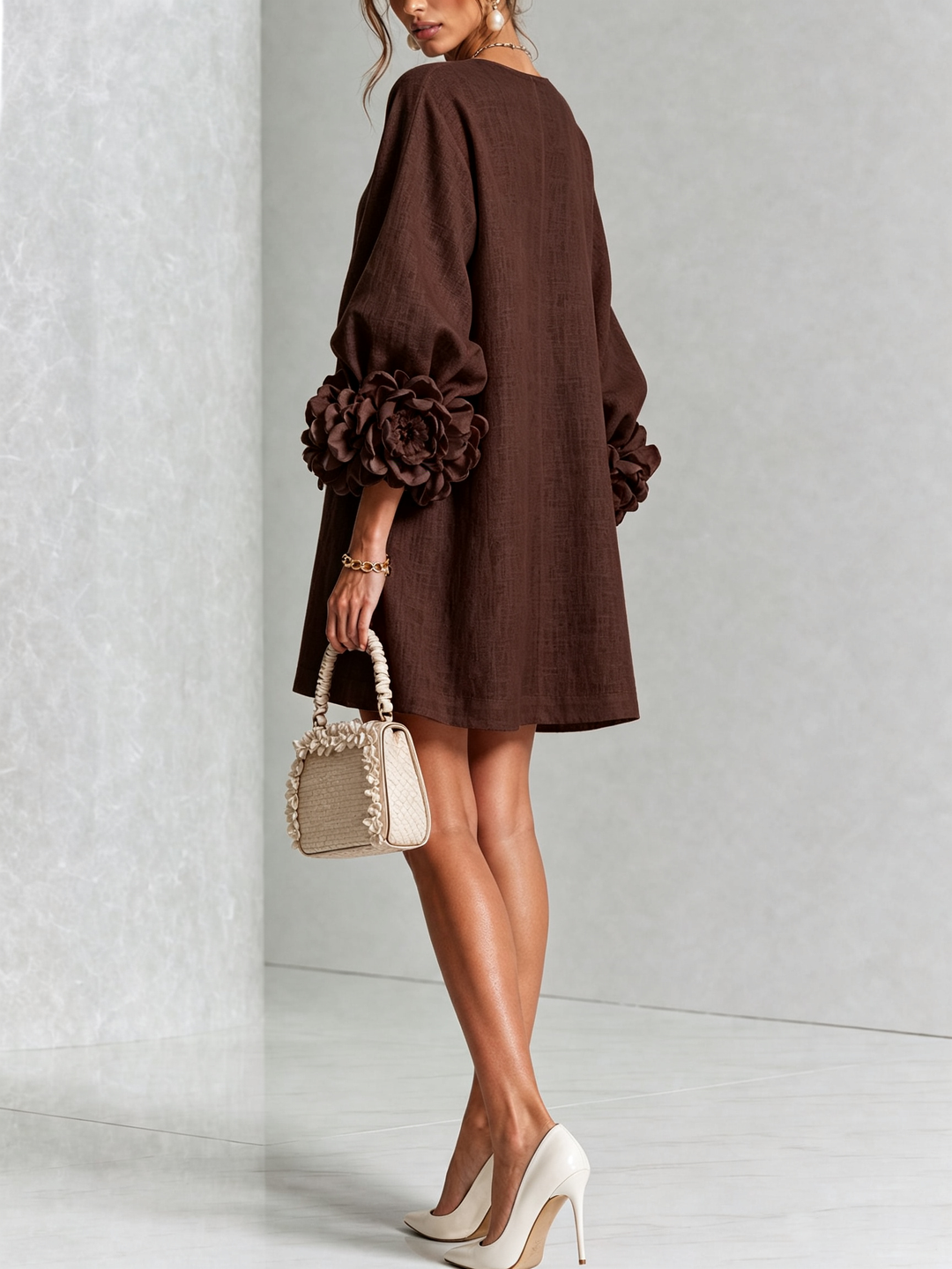 The-Chicca| White Floral Button-down Mini Dress With Striking Floral Cuffs