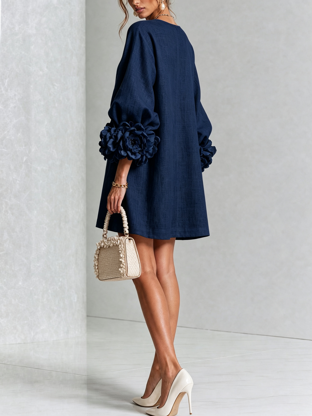 The-Chicca| White Floral Button-down Mini Dress With Striking Floral Cuffs