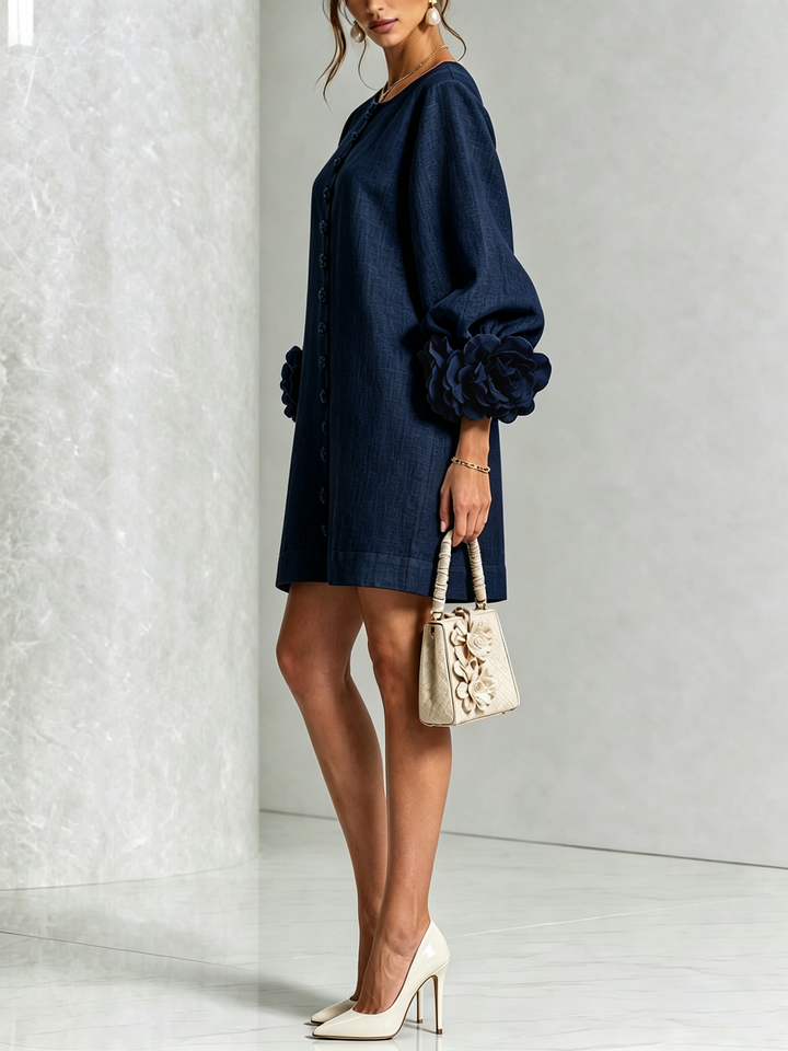 The-Chicca| White Floral Button-down Mini Dress With Striking Floral Cuffs