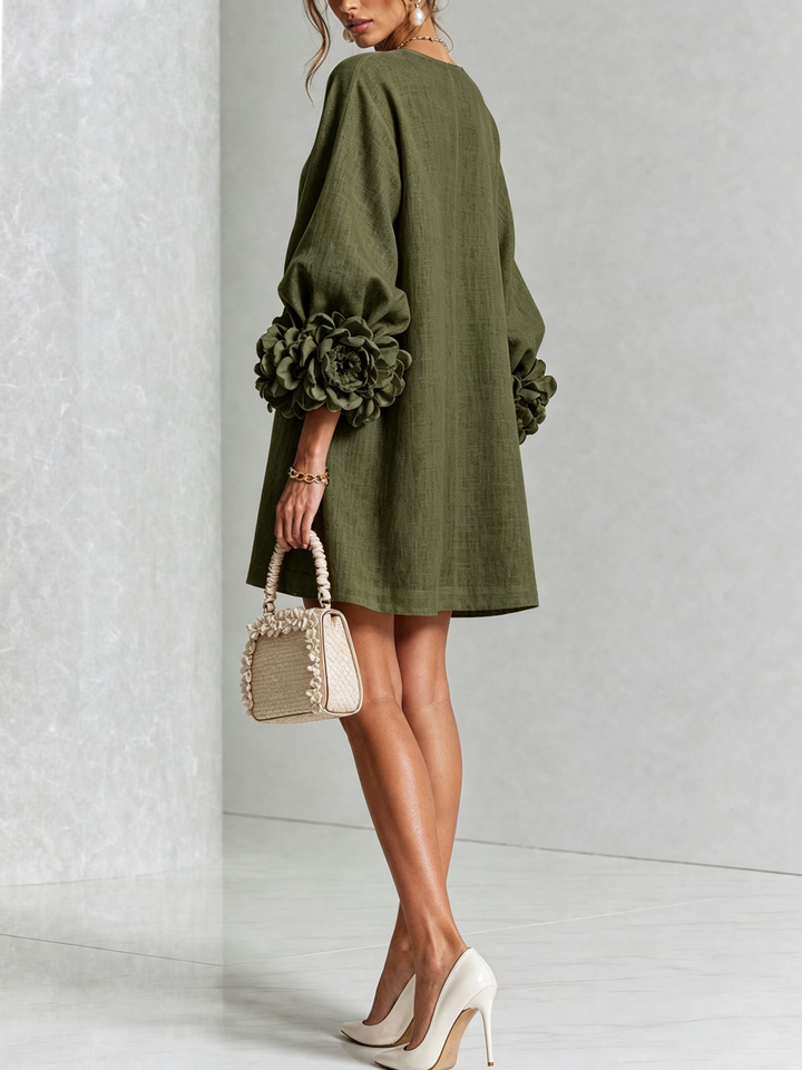The-Chicca| White Floral Button-down Mini Dress With Striking Floral Cuffs