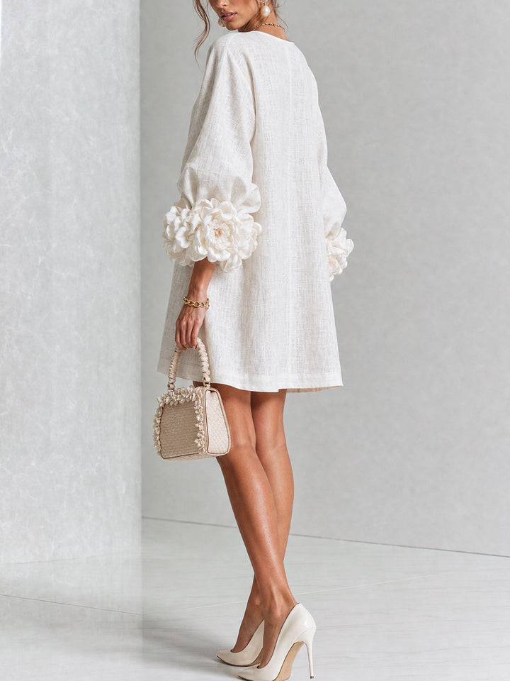 The-Chicca| White Floral Button-down Mini Dress With Striking Floral Cuffs