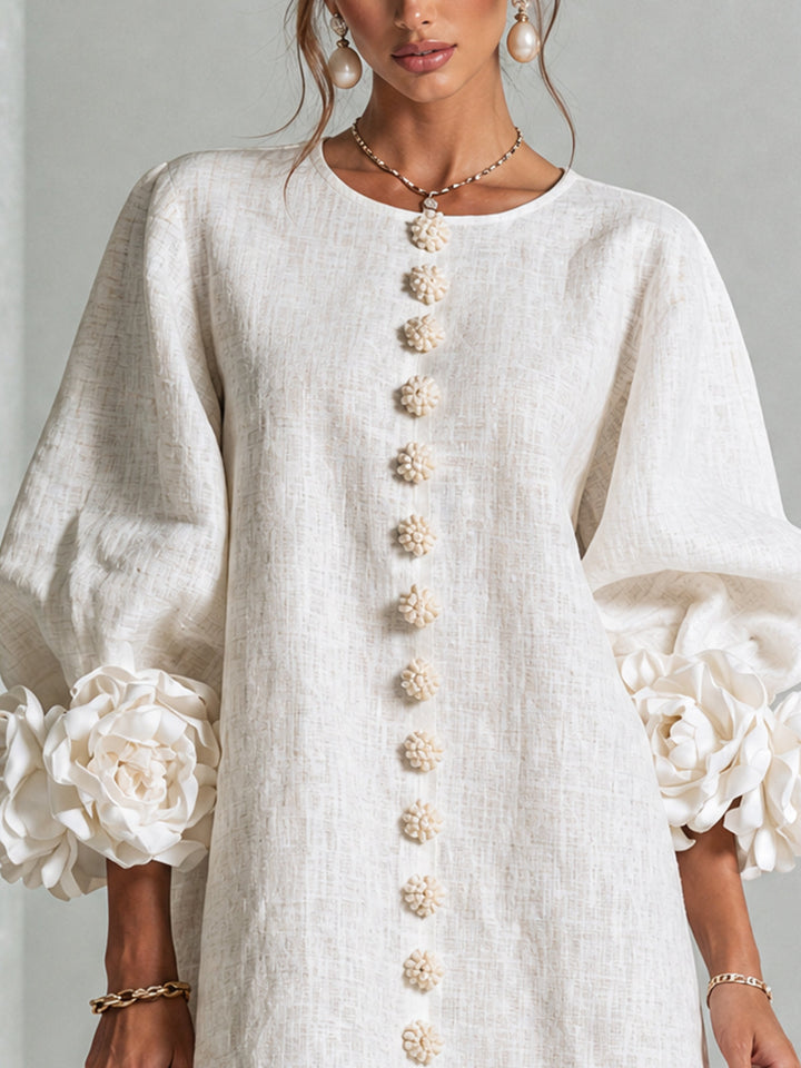 The-Chicca| White Floral Button-down Mini Dress With Striking Floral Cuffs