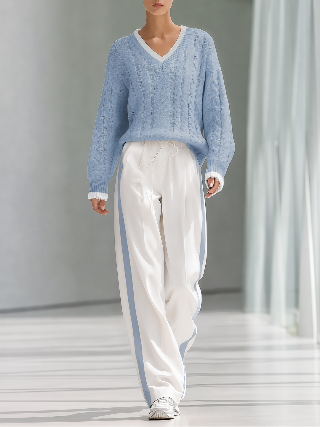 Pink V‑Neck Cable Knit Sweater & Side Stripe Wide‑Leg Pants Set