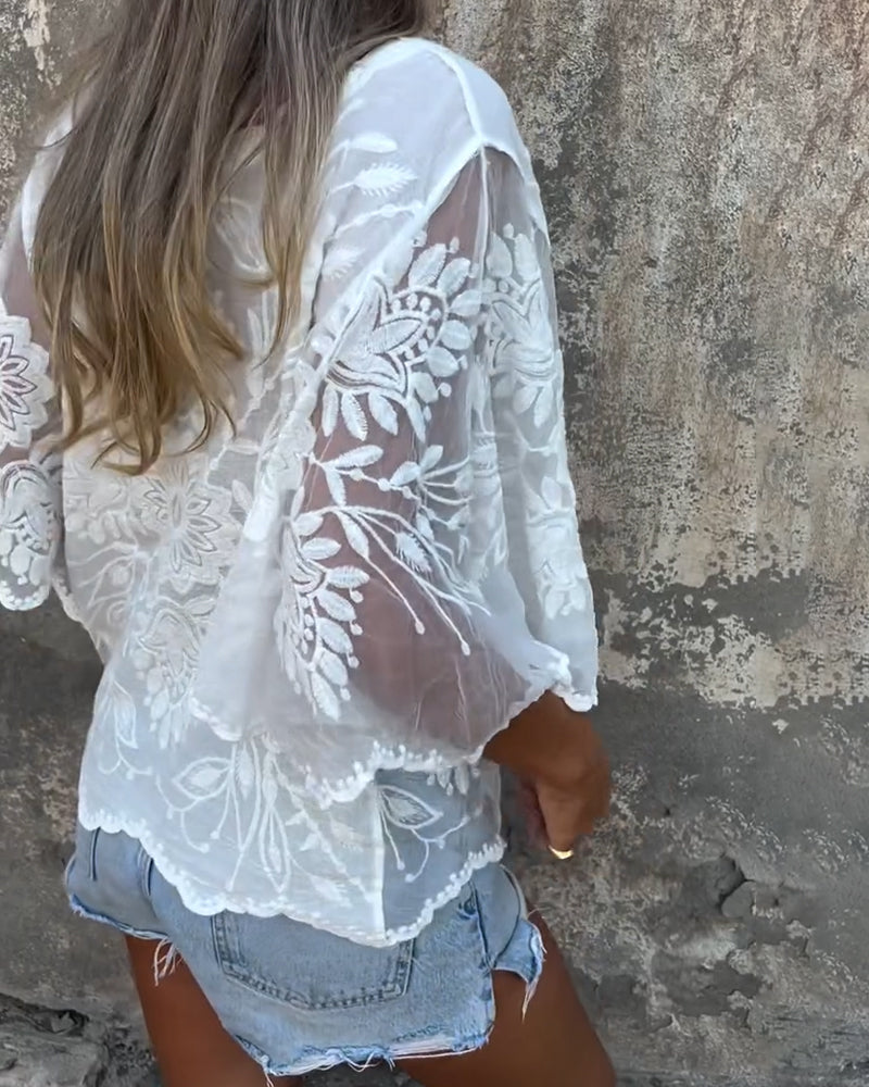 Butterfly Sleeve Blouse with Round Embroidered Neckline