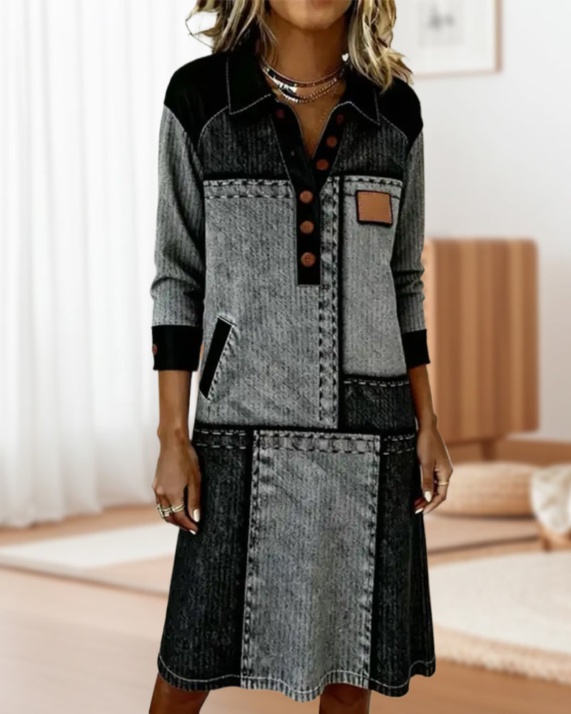 Dress Button Flip V-neck Color Block Modern