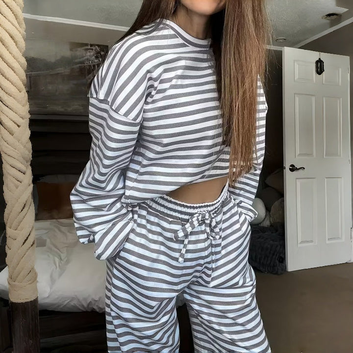 Two-Piece Striped Long Sleeve Set for Women for Leisure at Home