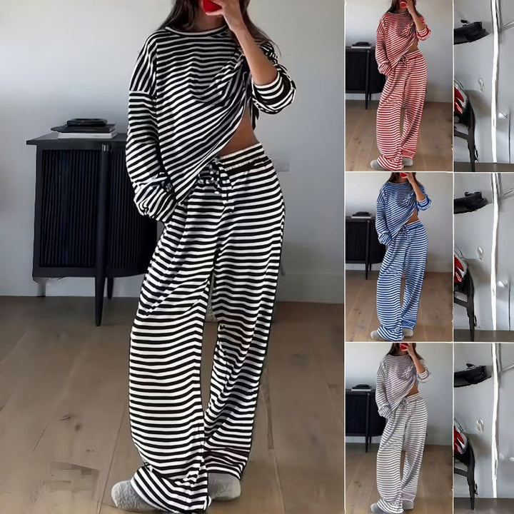 Two-Piece Striped Long Sleeve Set for Women for Leisure at Home