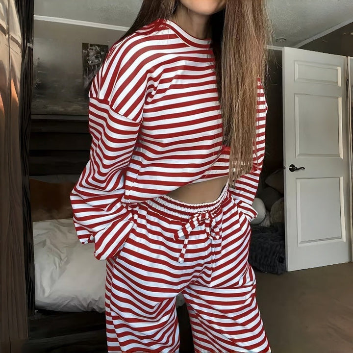Two-Piece Striped Long Sleeve Set for Women for Leisure at Home