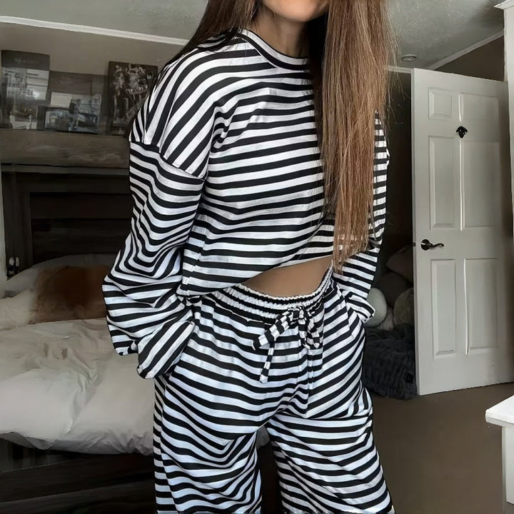 Two-Piece Striped Long Sleeve Set for Women for Leisure at Home