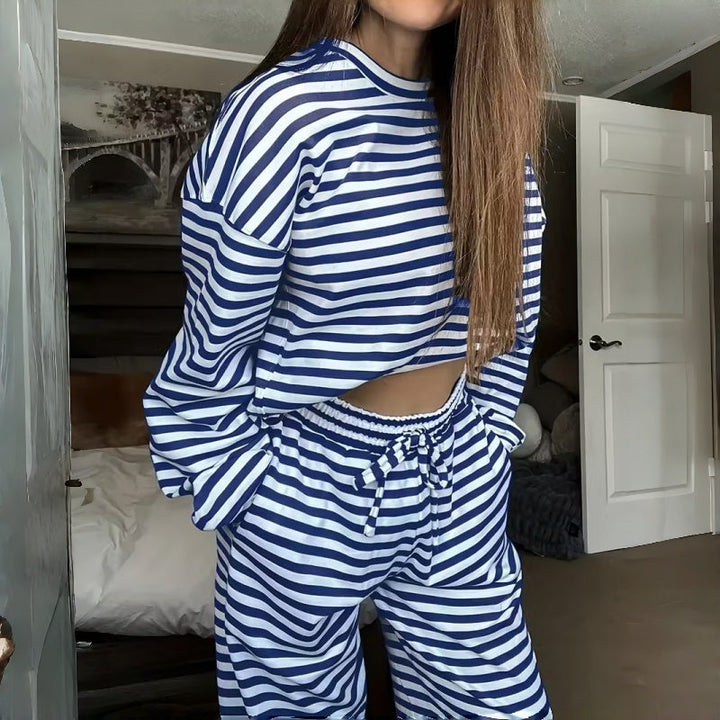 Two-Piece Striped Long Sleeve Set for Women for Leisure at Home