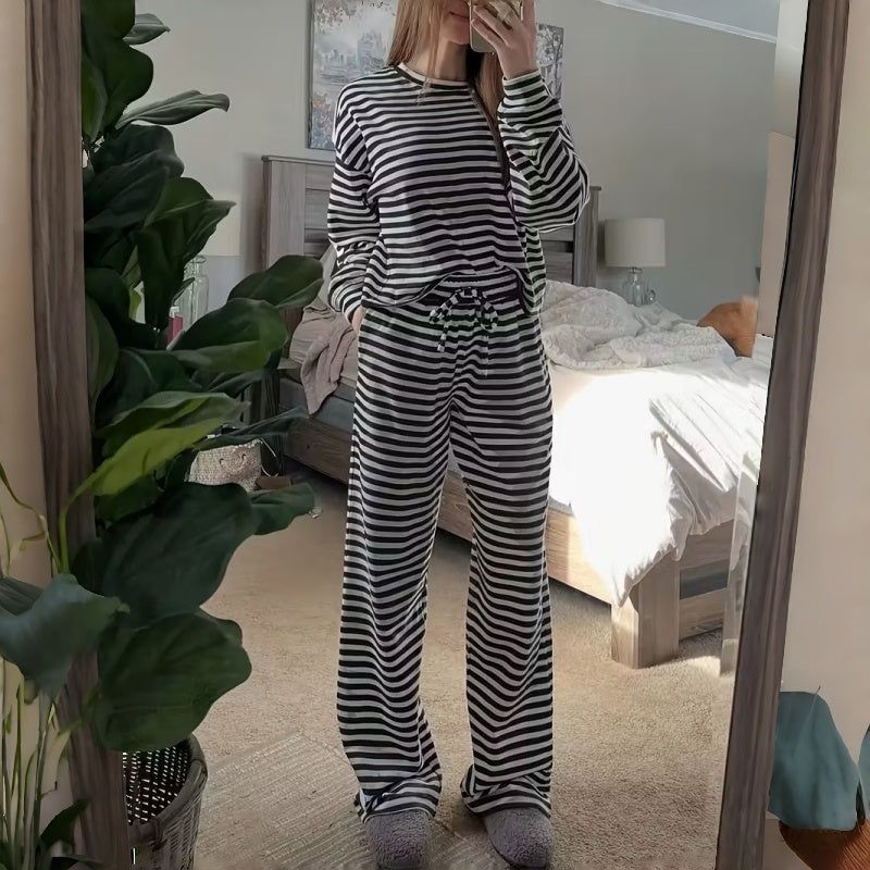 Two-Piece Striped Long Sleeve Set for Women for Leisure at Home