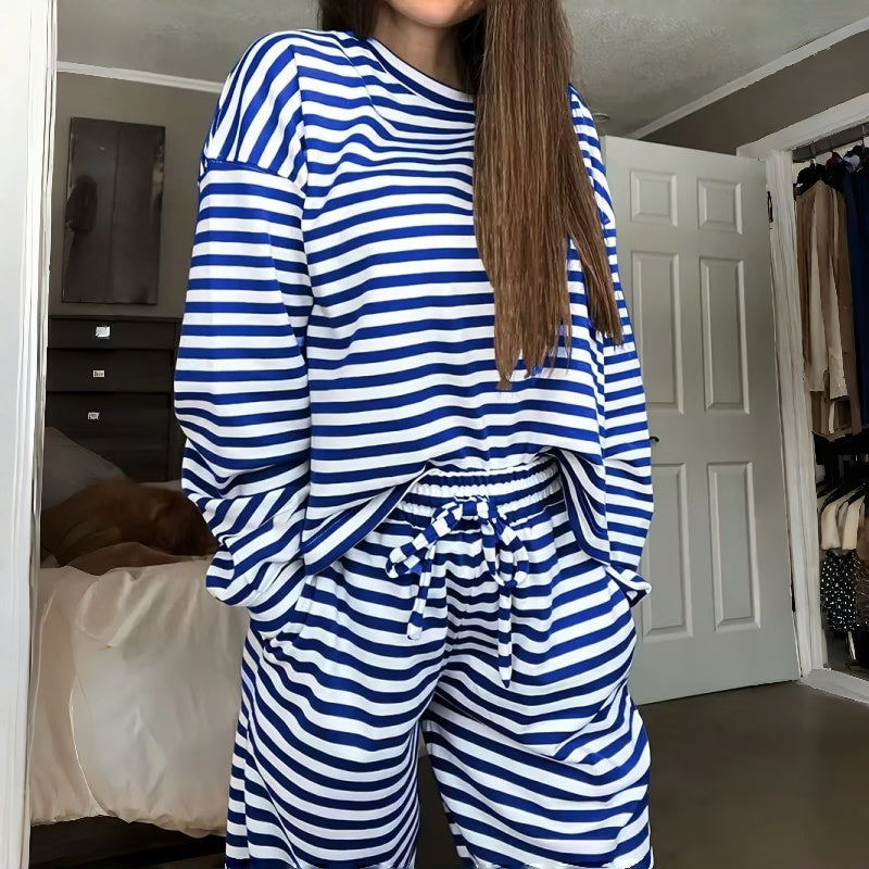 Two-Piece Striped Long Sleeve Set for Women for Leisure at Home