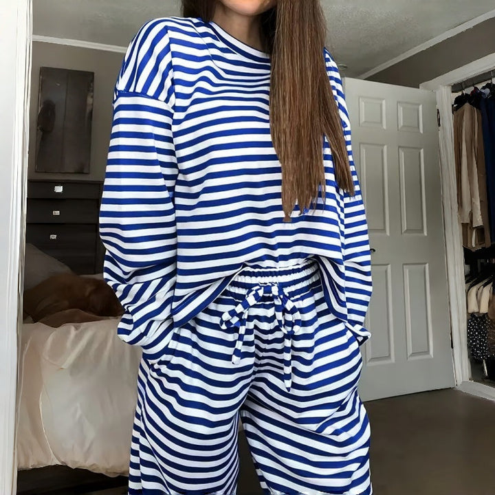 Two-Piece Striped Long Sleeve Set for Women for Leisure at Home