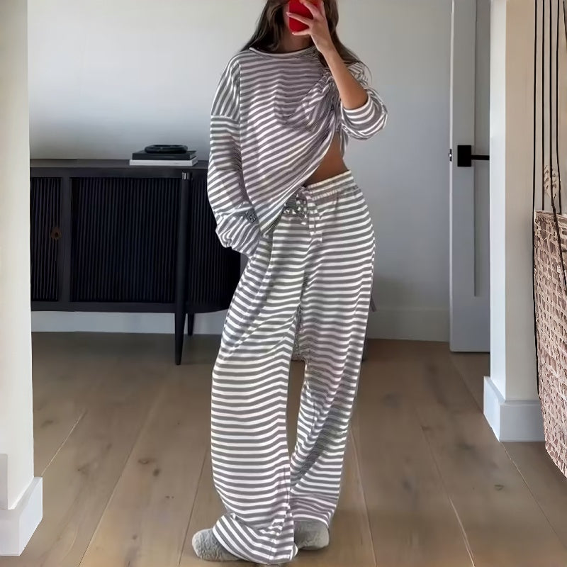 Two-Piece Striped Long Sleeve Set for Women for Leisure at Home