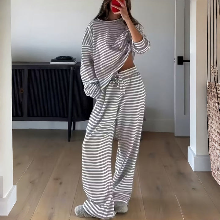 Two-Piece Striped Long Sleeve Set for Women for Leisure at Home