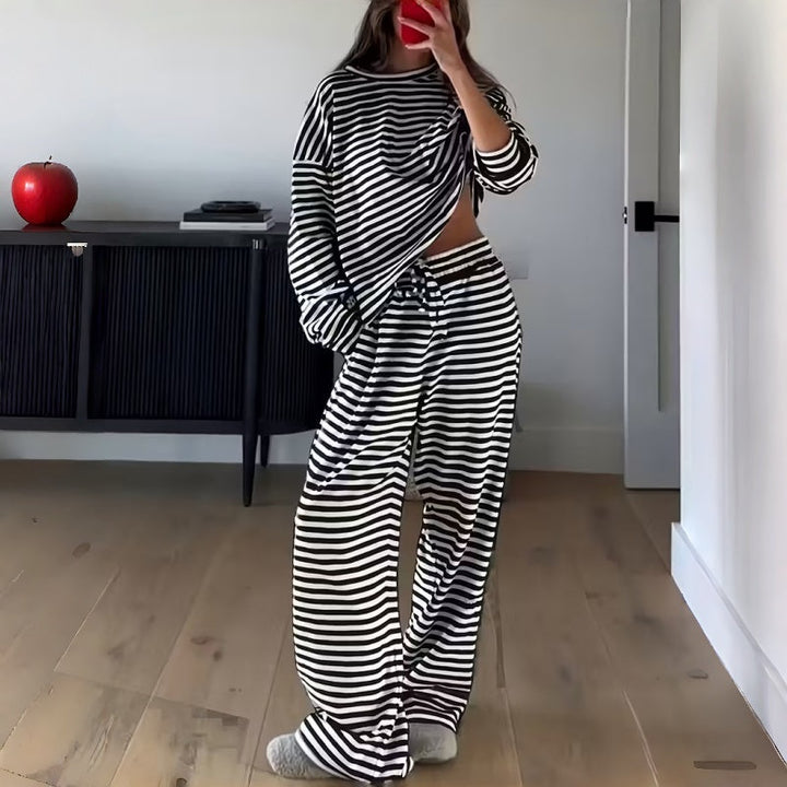 Two-Piece Striped Long Sleeve Set for Women for Leisure at Home