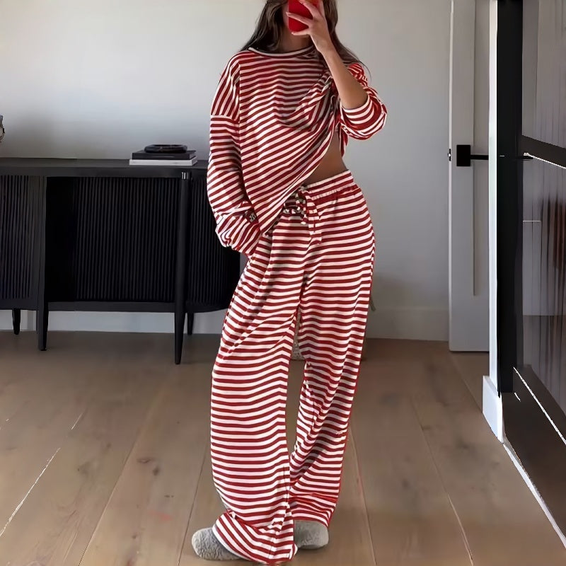 Two-Piece Striped Long Sleeve Set for Women for Leisure at Home