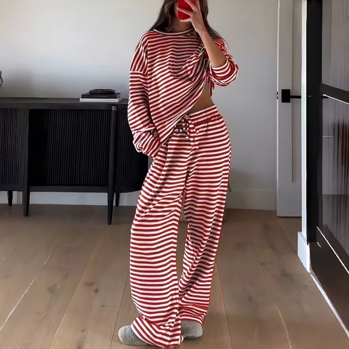 Two-Piece Striped Long Sleeve Set for Women for Leisure at Home